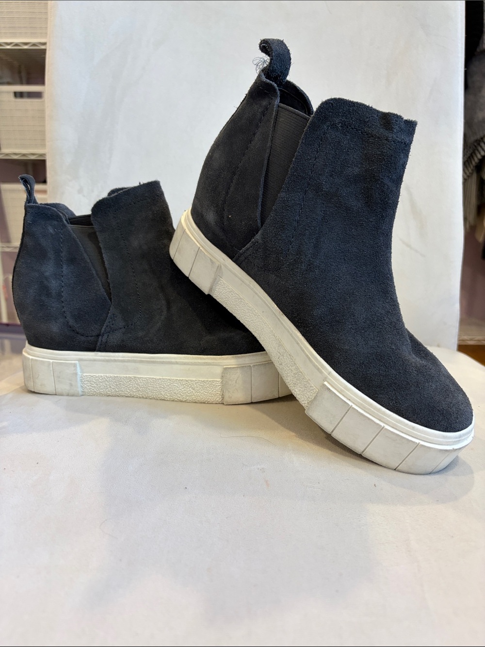 Dolce Vita Black Suede Wedge Sneaker Boots with White Platform Sole